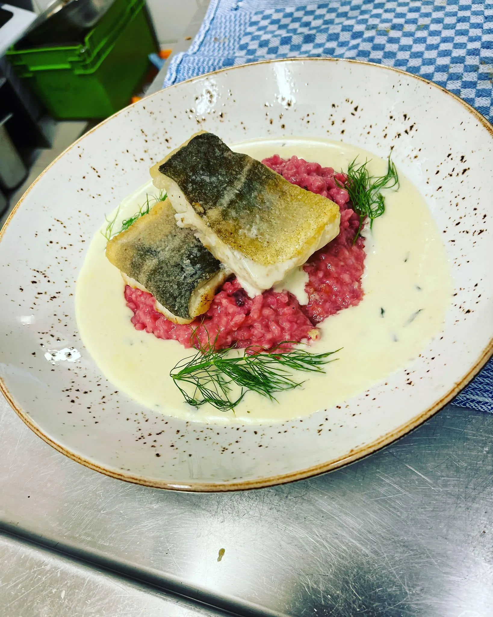 Festland – Restaurant & Vinothek – ein fein präsentiertes Gericht aus in der Pfanne gebratenen Fischfilets, serviert auf einem Bett aus leuchtend rotem Risotto, garniert mit frischem Dill.