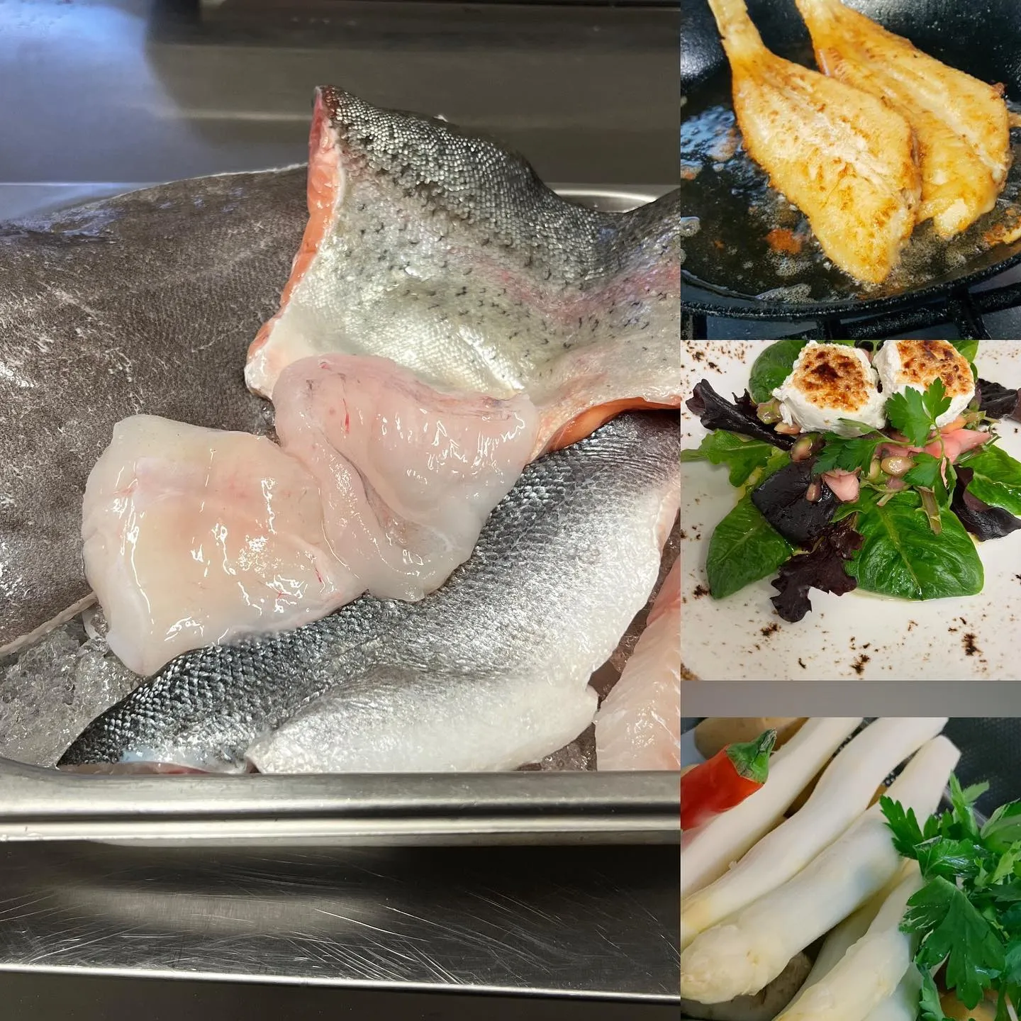 Festland – Restaurant & Vinothek – Eine Collage aus frischen Fischfilets und zubereiteten Gerichten, wahrscheinlich aus einem Restaurant oder von zu Hause.